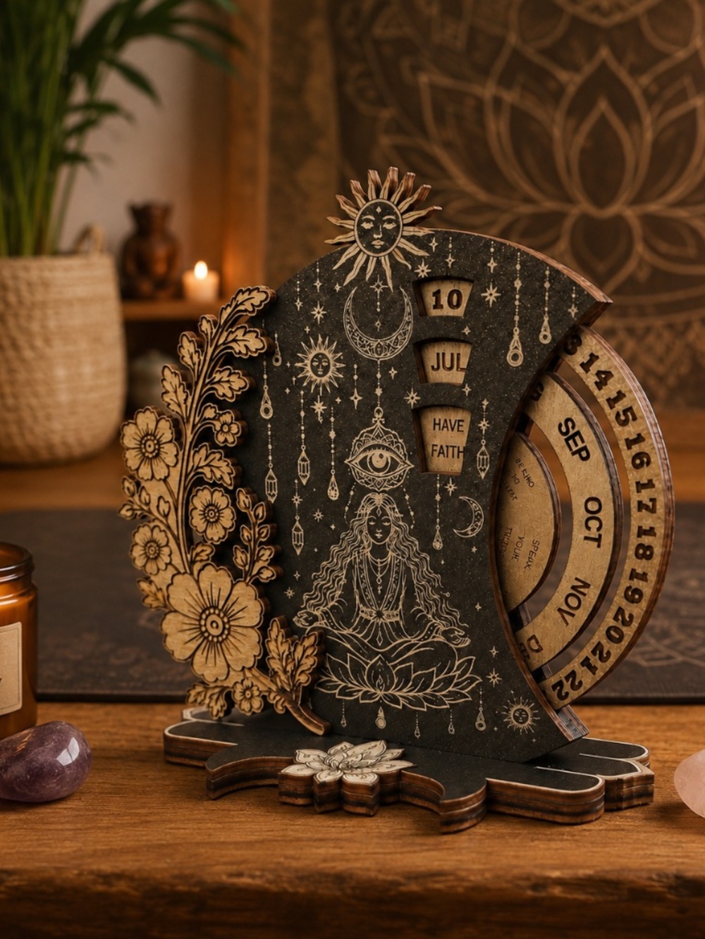 Celestial Wooden Perpetual Calendar, Rotating Date and Month Desk Display